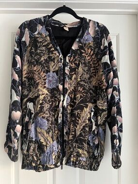 H&M Black Floral Bomber Jacket with Pastel Pink & Lavender Accents - Size 8